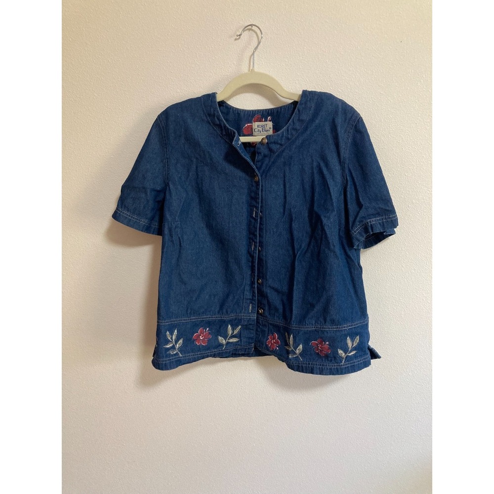 Vintage Koret City Blues‎ Denim Shirt Women Size 16W Floral Shoulder Pads